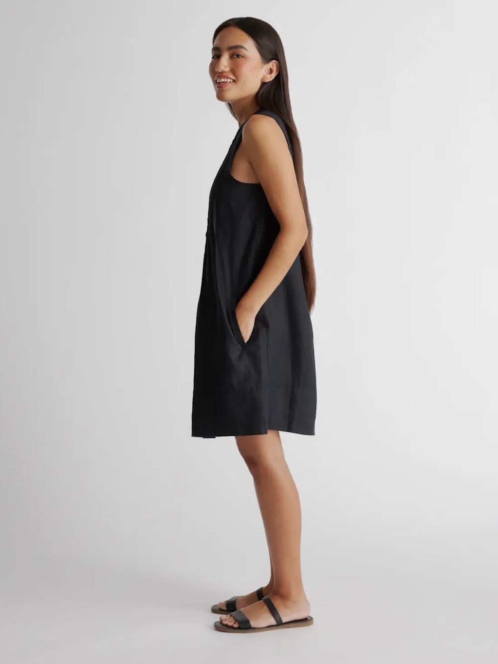 Quince Blqck 100% European Linen Sleeveless Pintuck Shirt Dress - Picture 2 of 4